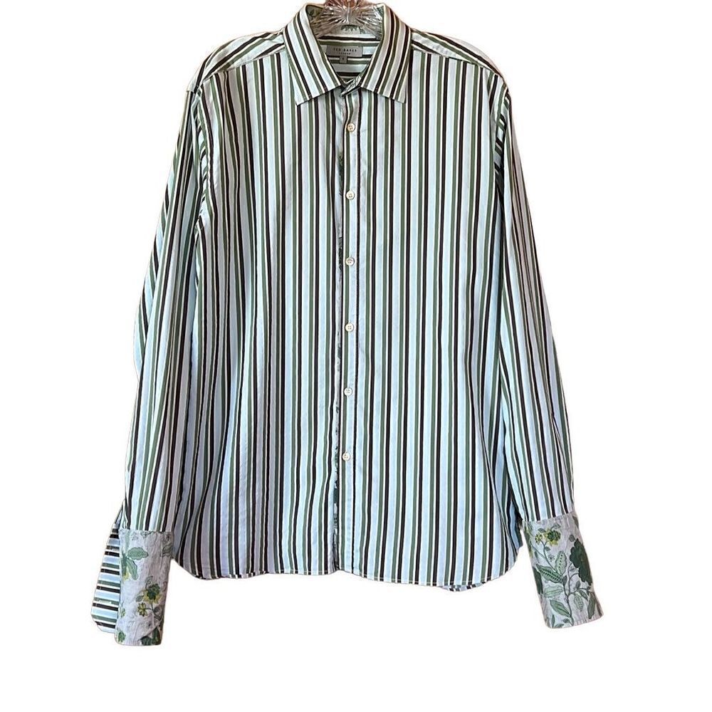 Ted Baker London Button Down Shirt in Brown Green Stripes with Floral Accent Fre